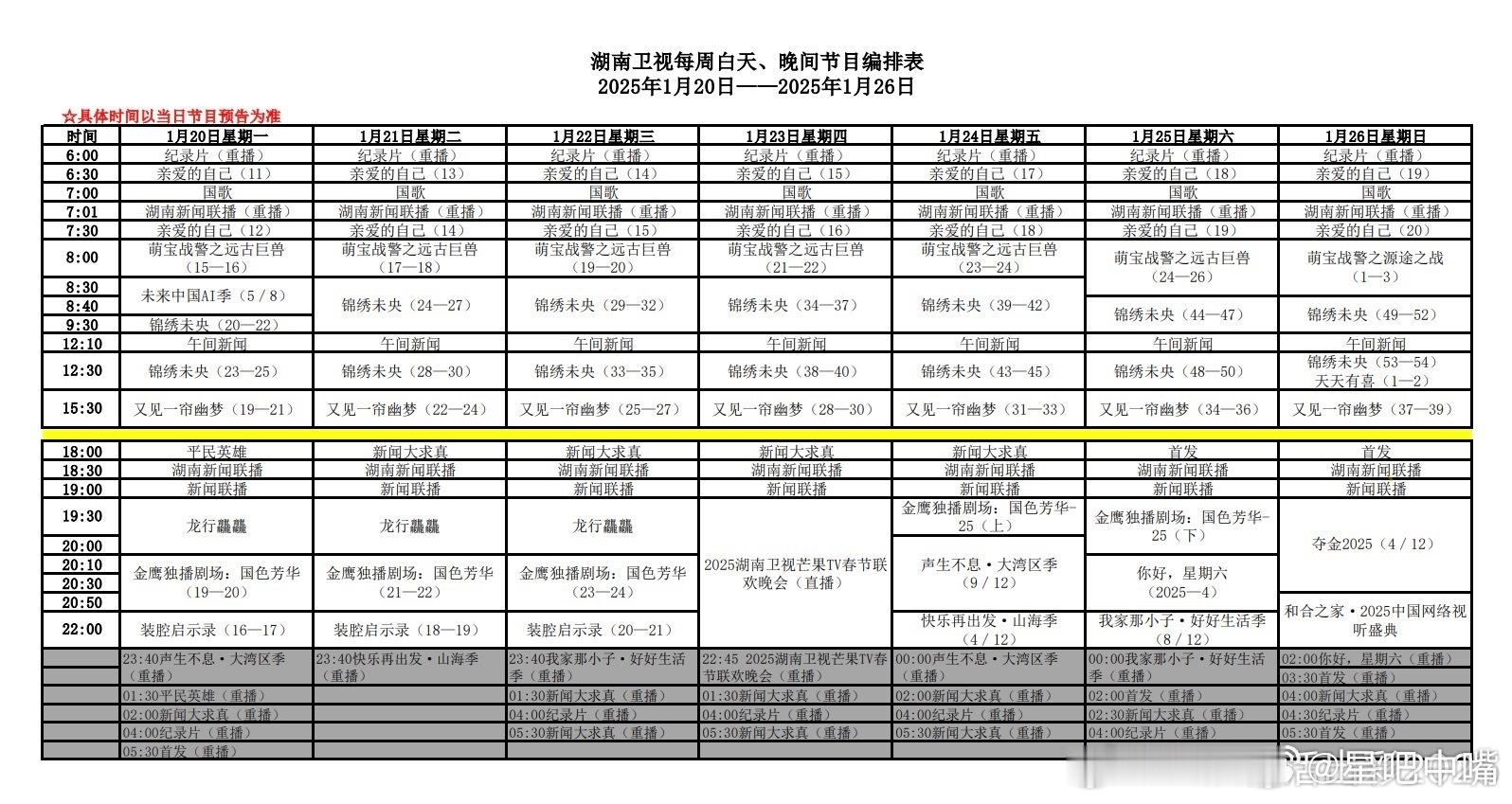 湖南卫视本周节目单，更新了周日的排播，周日19:30 夺金202520:50 中