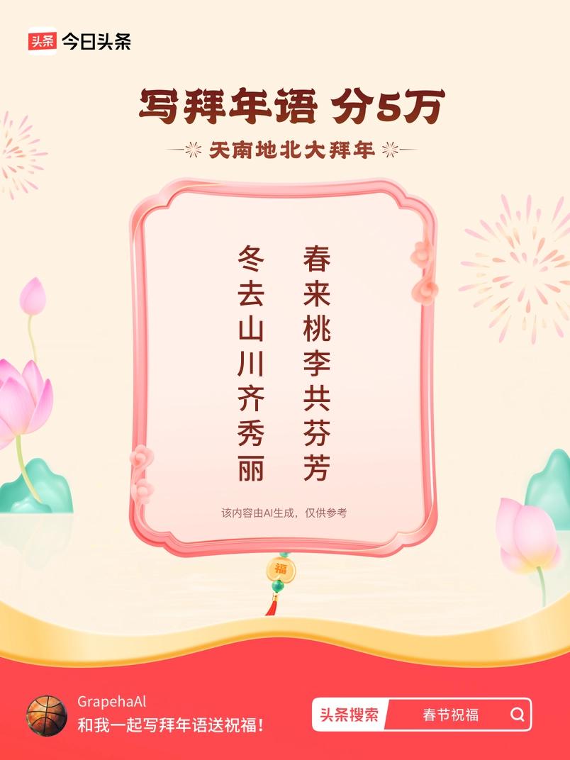 写拜年语送祝福新春拜年送祝福！我的祝福是：“冬去山川齐秀丽，春来桃李共芬芳”！快