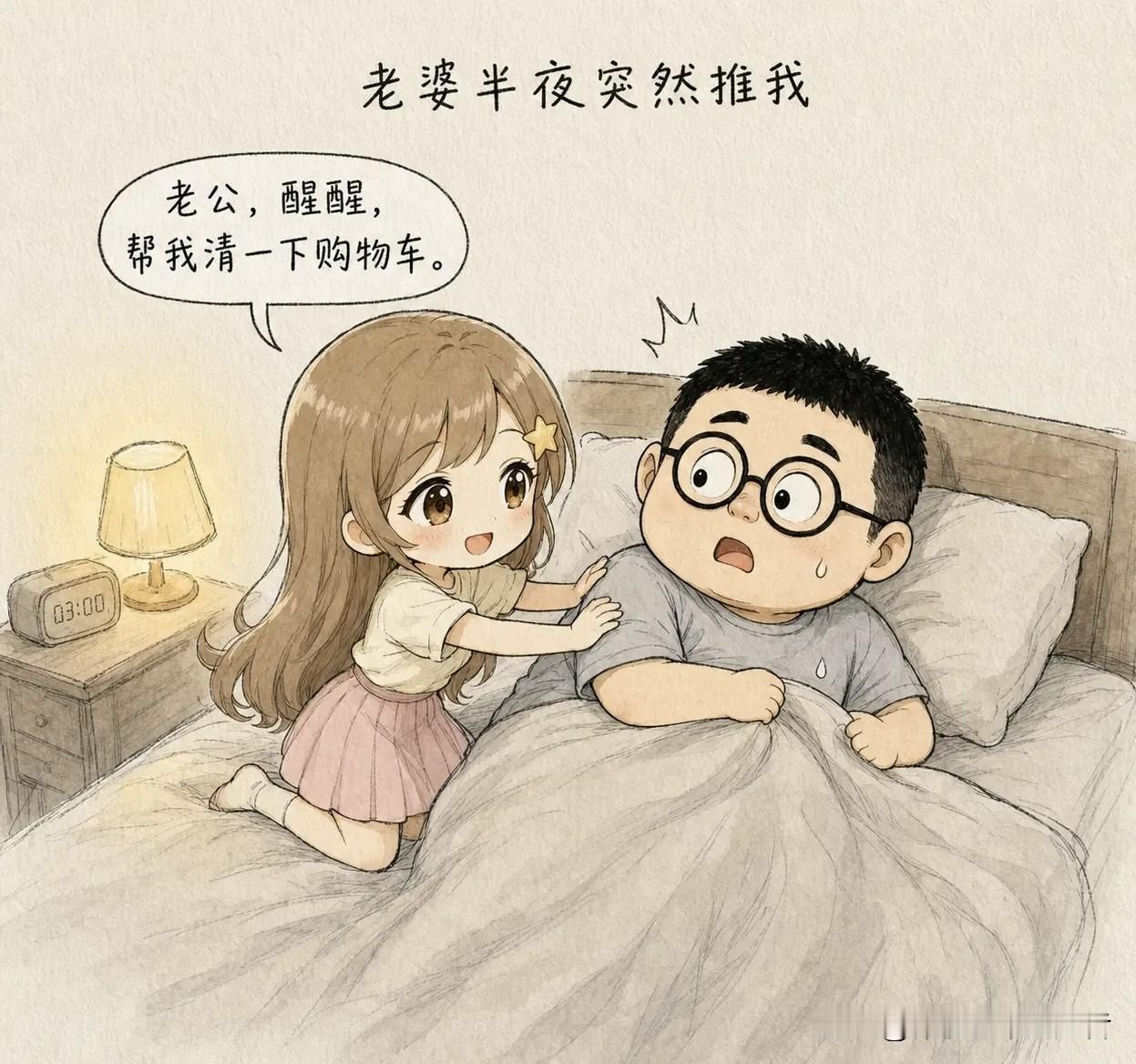 趣味漫画：老婆半夜突然推我：老公醒醒，帮我清一下购物车。我迷迷糊糊打开手机一看，