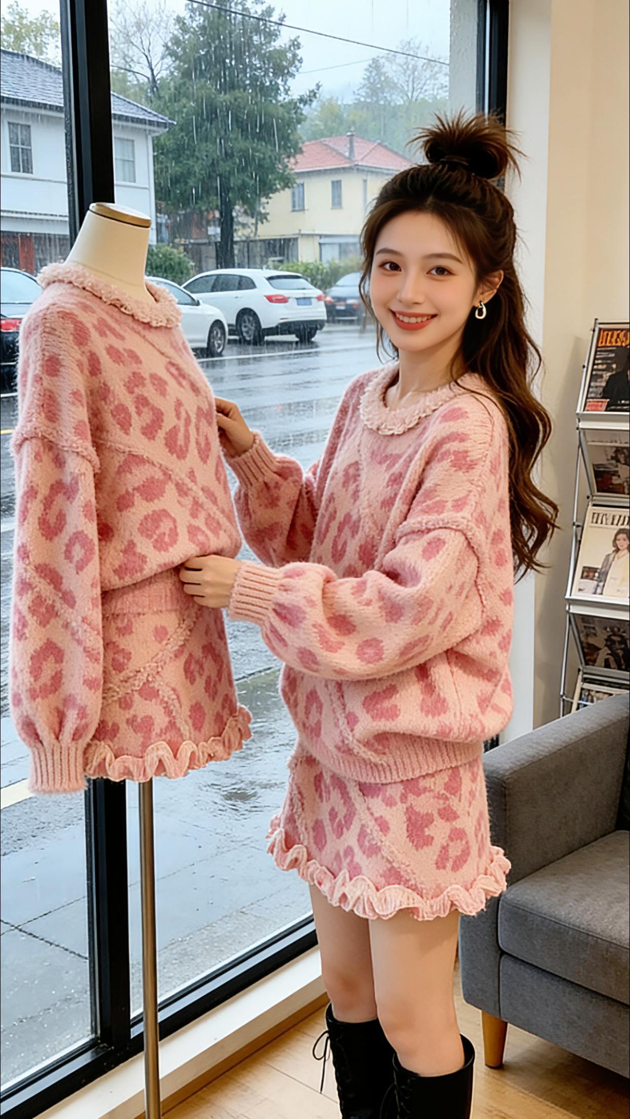 Danny在微凉冬日里，穿梭于温暖小店、海边吧台与秋日栈道。这套粉豹纹毛衣半裙两