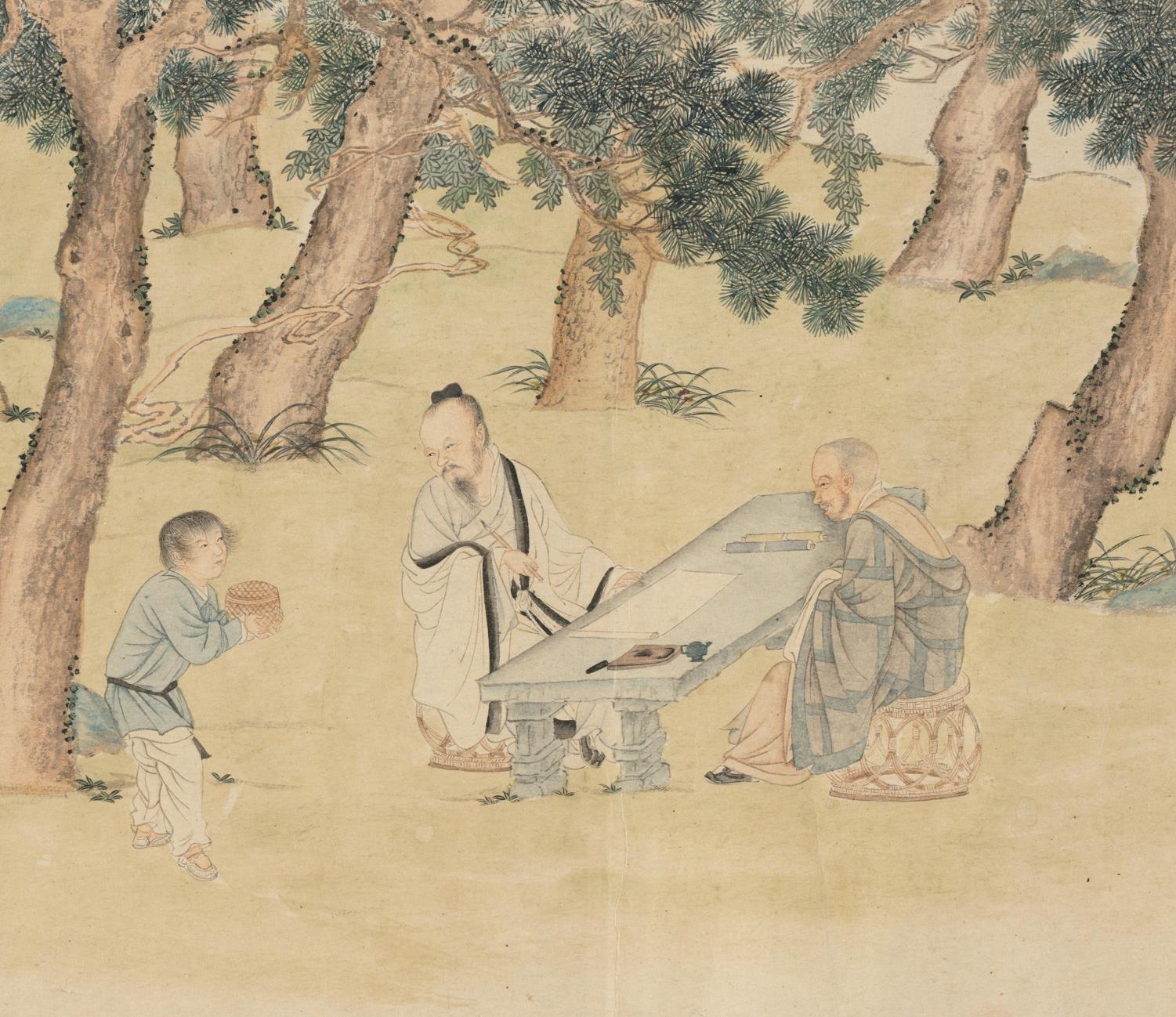 著名画家写心经与老友换茶喝。此为《写经换茶图》卷，由明代仇英作画，画卷...