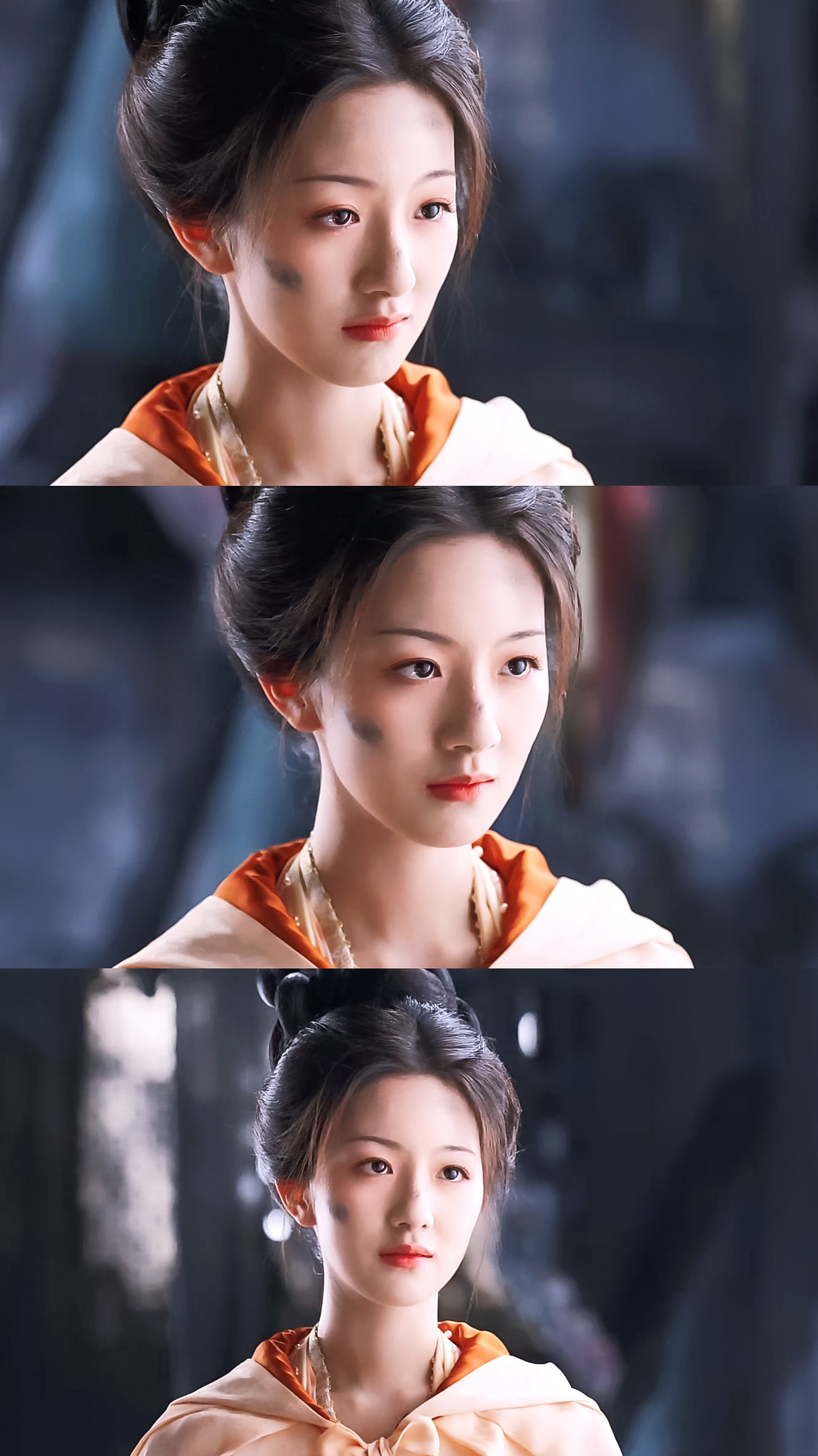 秦朝羽真的贵府嫡女，风光时矜贵明艳，哪怕是这种脏脏包造型也透着贵气，目光如炬，一