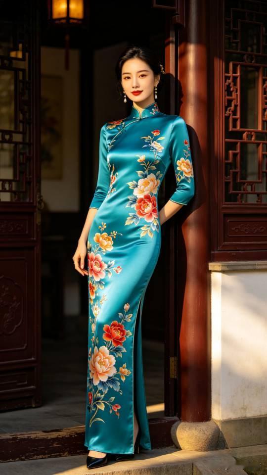 蓝色印花长旗袍