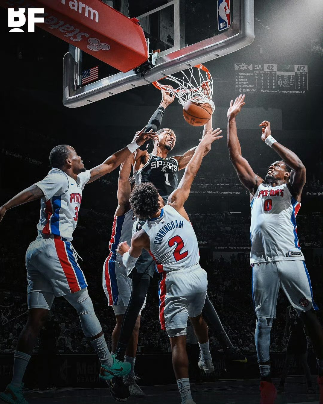 马刺本赛季面对目前联盟前二雷霆和活塞的战绩为6胜1负。 活塞vs马刺