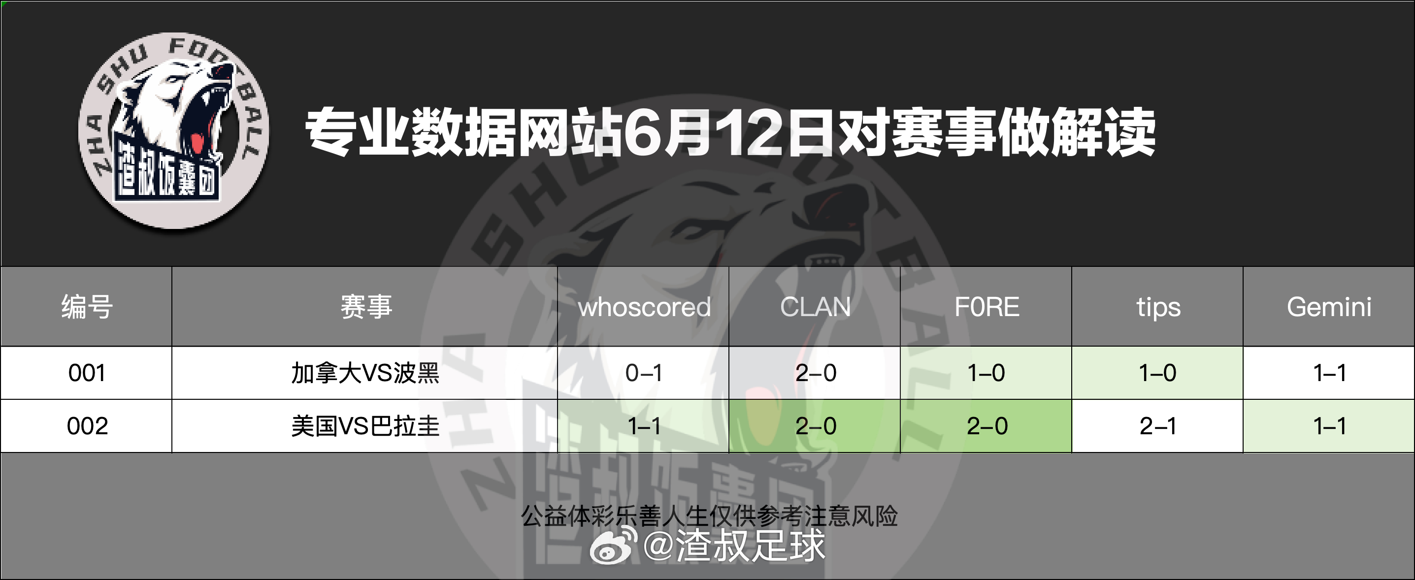 6月12日专业数据网站对赛事做解读加拿大VS波黑,比分0-1美国VS巴拉圭,比分