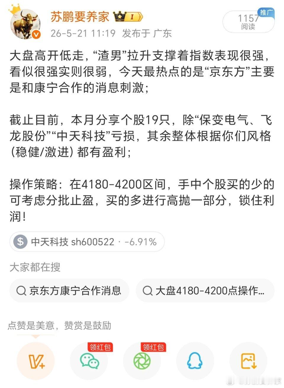 今天最高4199，有多少朋友按照策略操作锁住利润？ 