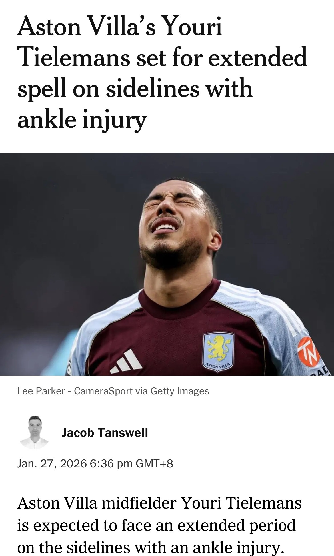 维拉再遭重创，蒂勒曼斯因伤长期缺阵。 