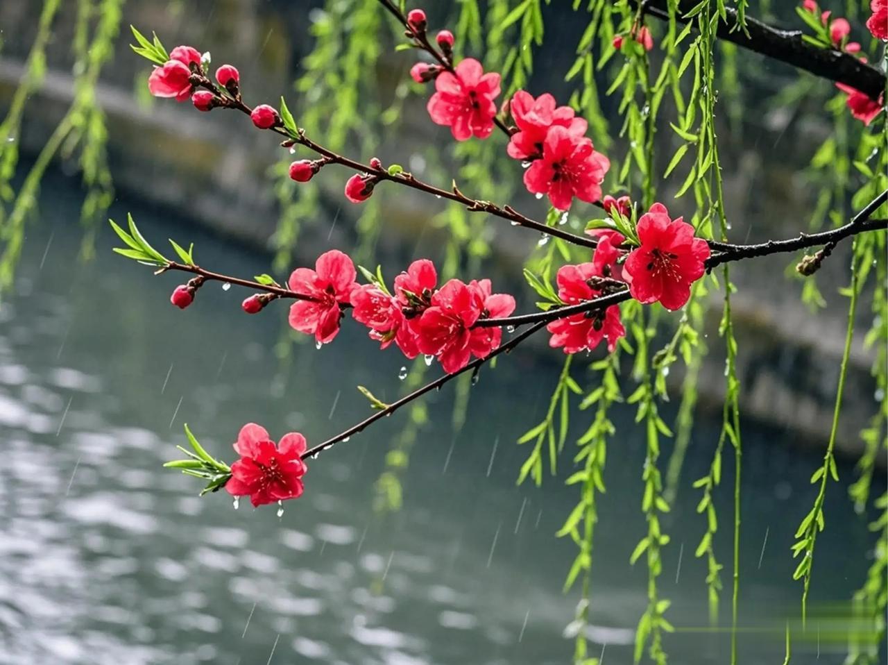 下联：十里清阴柳影斜

赏析：上联“一帘红雨桃花谢”描绘暮春桃花纷落如红雨之景，