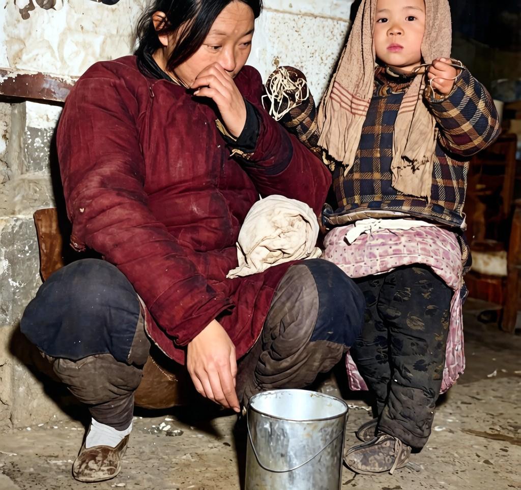 这张照片拍于1949年上海街头，一个扎毛巾的小女孩蹲在铁皮桶前，手里攥着一把旧汤