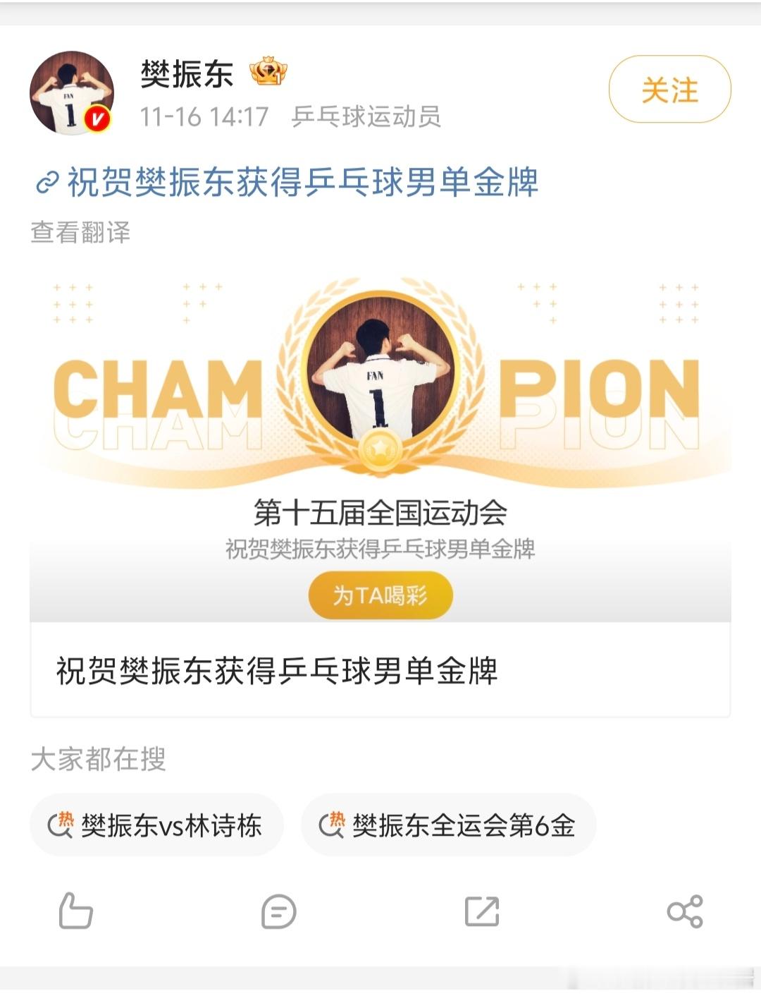 不愧是你 全运会乒乓球成年组男单金牌赛，樊振东4-1战胜林诗栋，卫冕成功2013