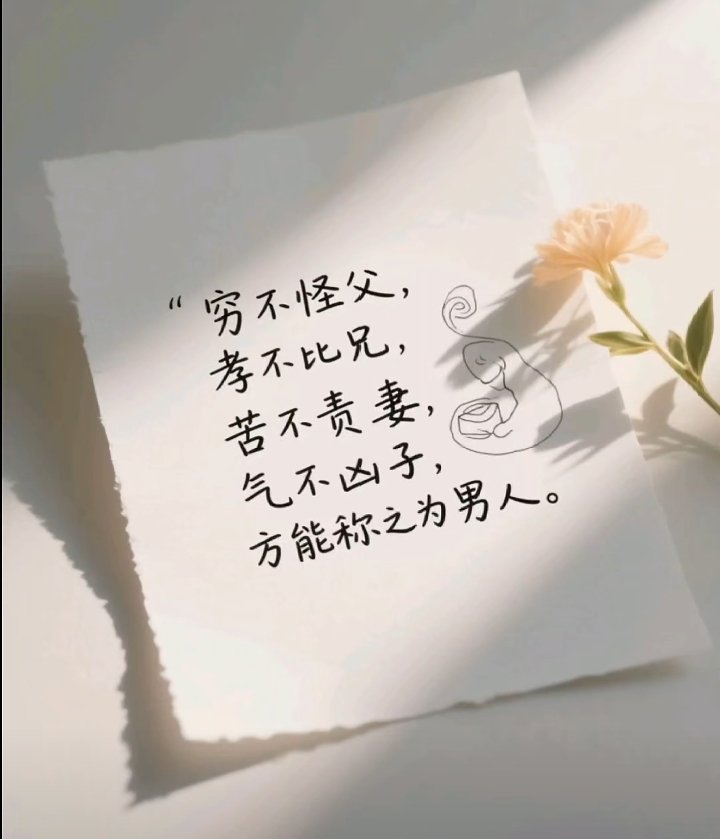 穷不怪父，孝不比兄，苦不责妻，气不凶子，方能称之为男人。  