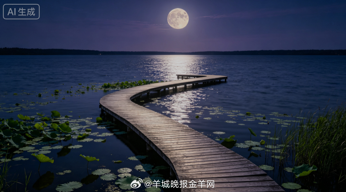#晚安# 清润月光笼罩湖面，蜿蜒木栈道延伸至水中央，晚风轻拂荷叶送来淡淡清香，水