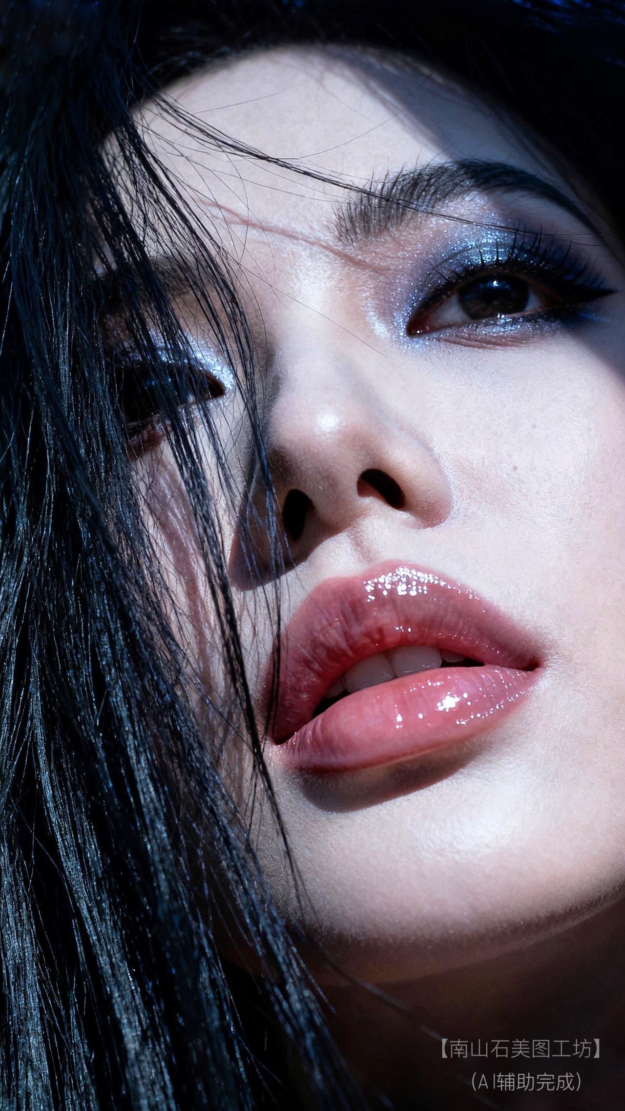 发丝裁碎光的流瀑，银蓝细闪于睫间漾开星河，粉贝凝露似吻过朝露。光影为笔描摹轮廓，