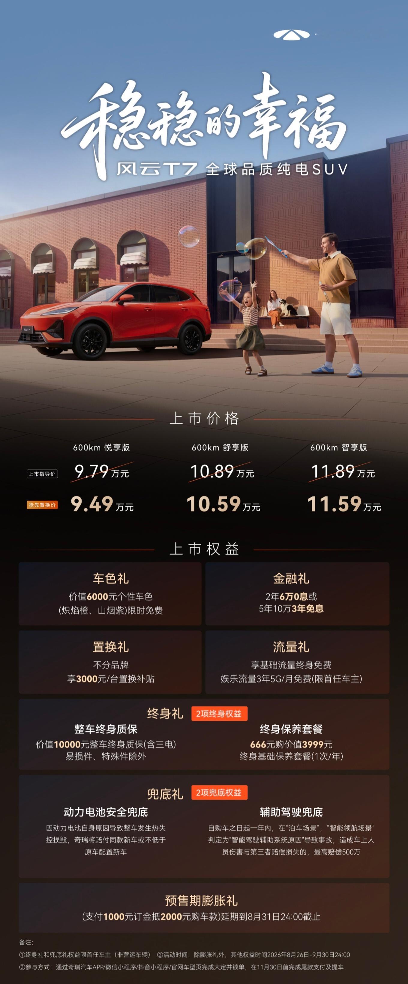 奇瑞风云T7，置换最低9.49万就能拿下，全系都是600km续航。好像下半年开始
