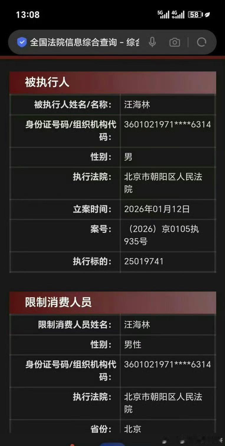汪海林被限制高消费了，欠这么多钱呢 