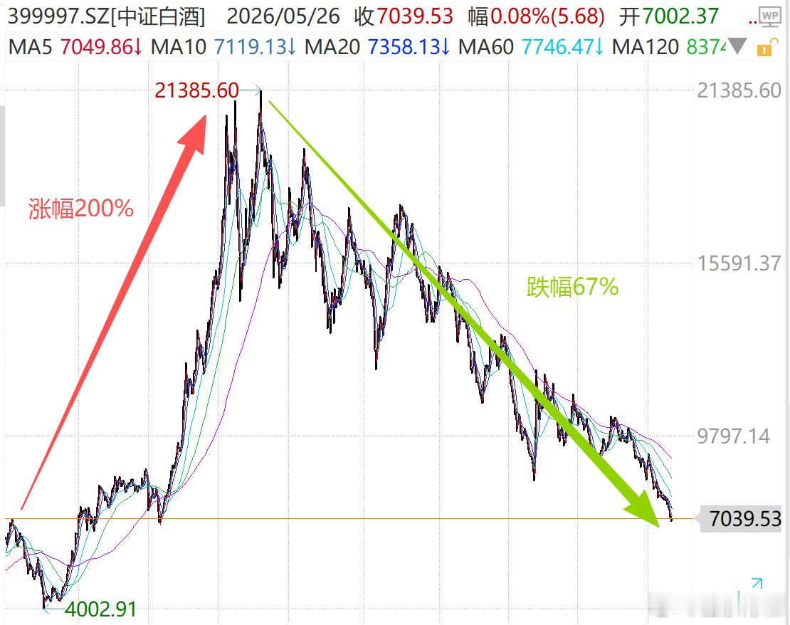 中证白酒从7000点涨到21000点，涨幅高达200%；21000点跌回7000