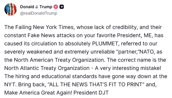 川普发帖：正在走向失败的The New York Times，由于其缺乏公信力，