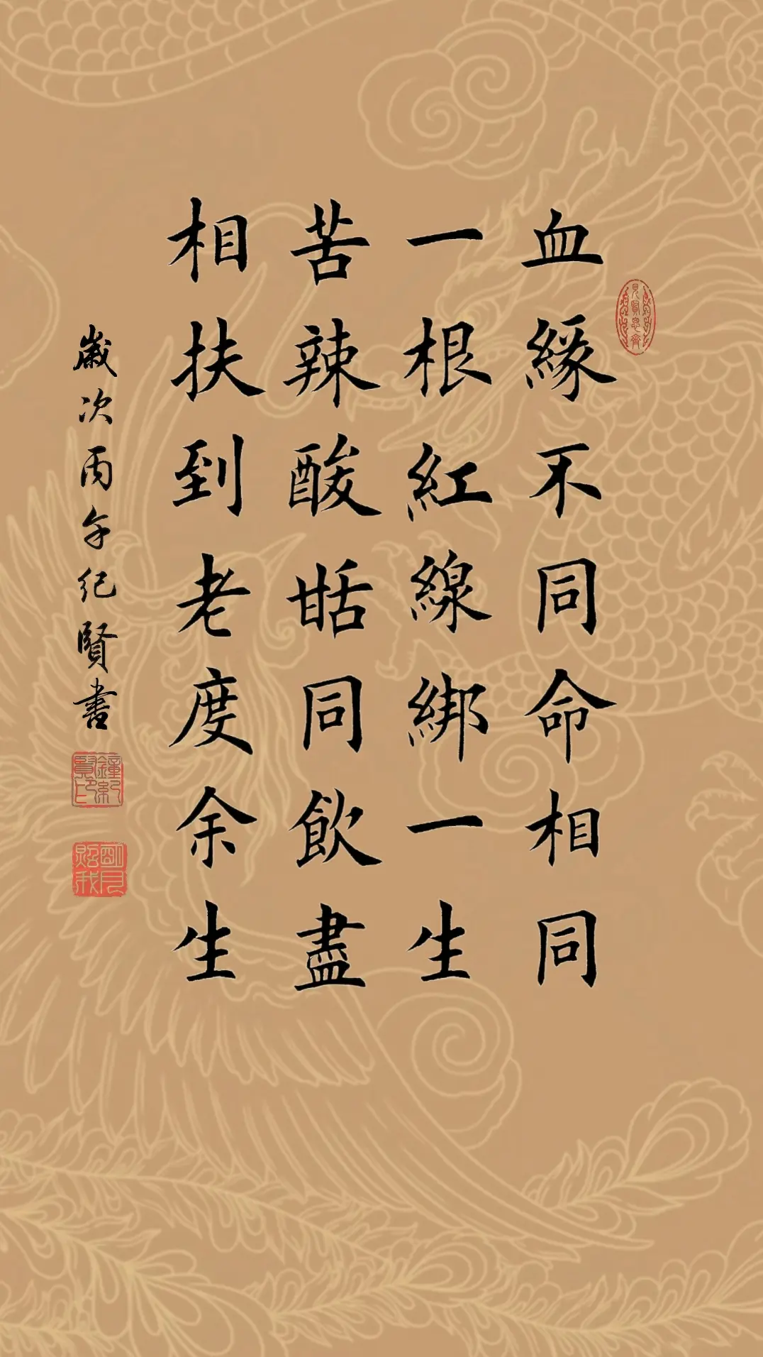 血缘不同命相同 一根红线绑一生 苦辣酸甜同饮尽 相扶到老度余生