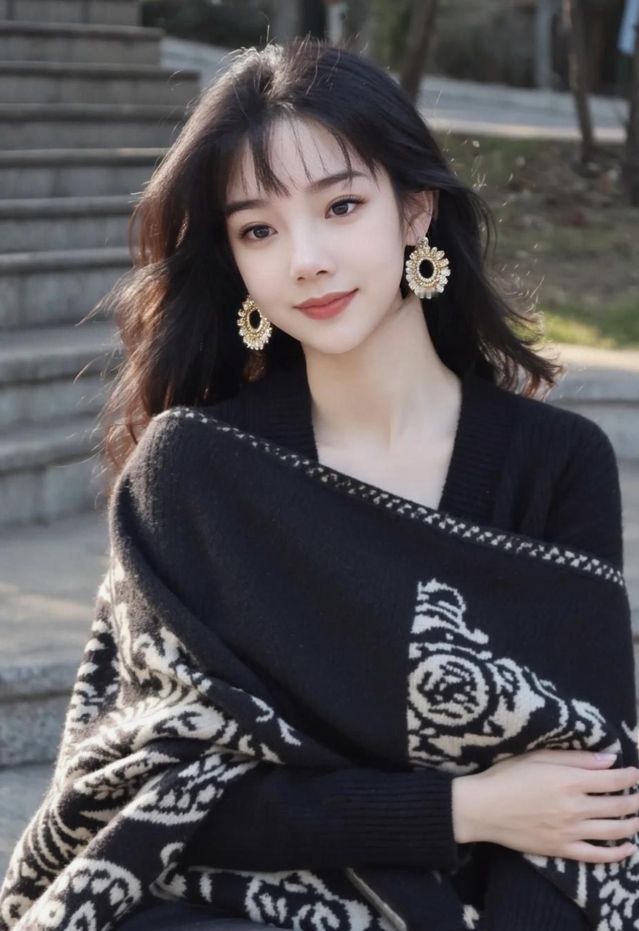 冬日暖阳下，黑发少女与金耳环的温柔邂逅