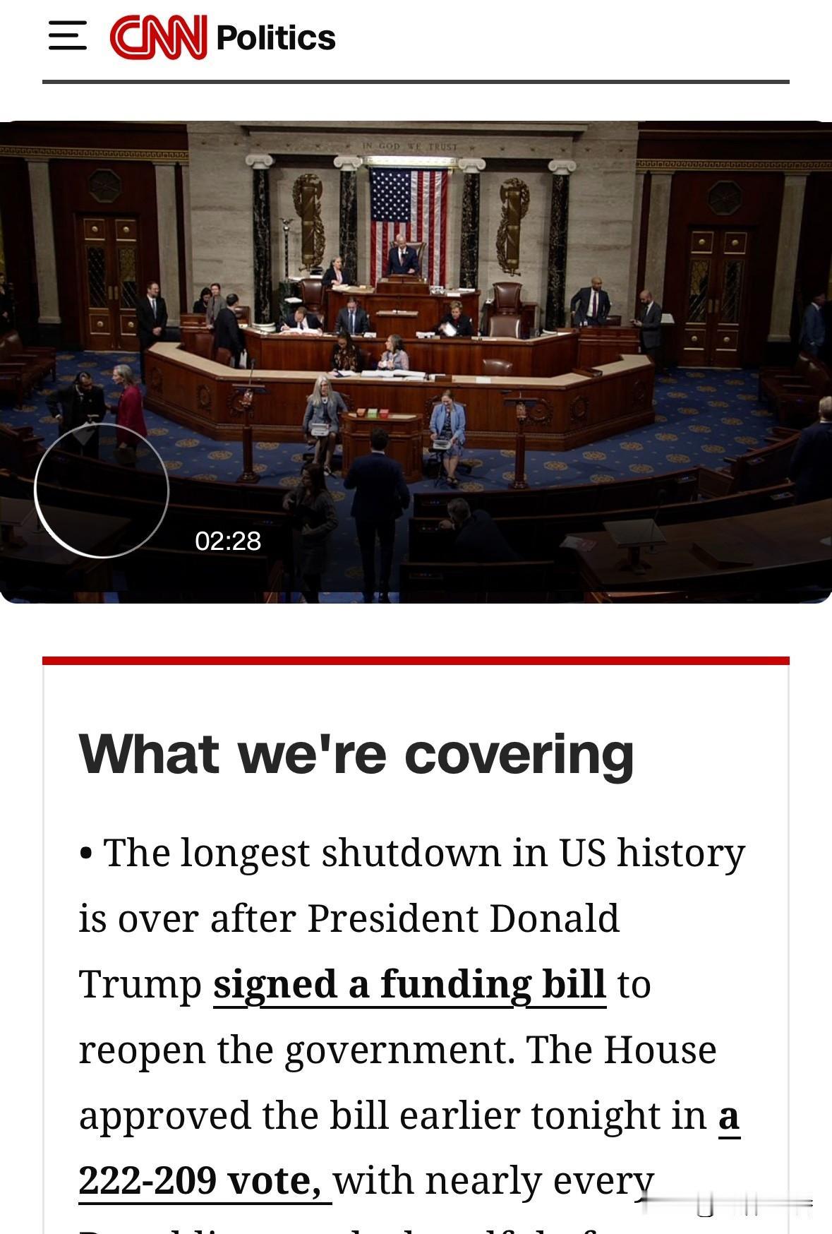 昨晚（当地时间），美众议院投票通过了早前美参议院通过的议案，结束了美历史上最长的