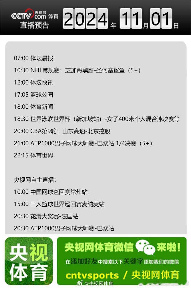 【央视网体育11月1日直播预告】10:30 NHL常规赛：芝加哥黑鹰-圣何塞鲨鱼