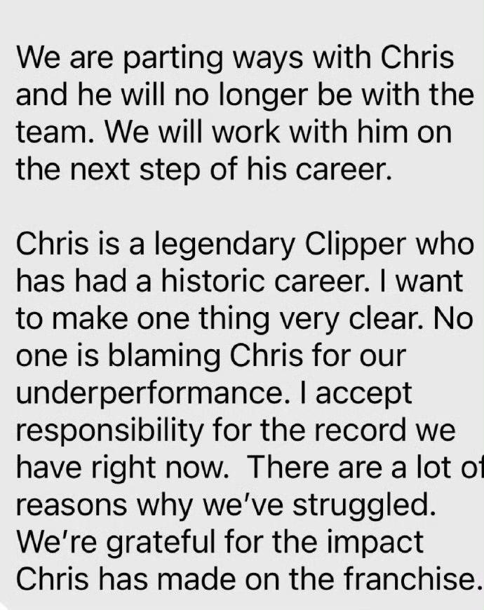 快船队发表声明，宣布与老将保罗分道扬镳。
保罗底薪加盟雷霆吧！
圆梦冠军！

快