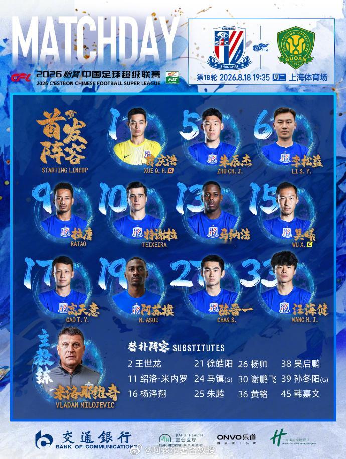 上海申花VS北京国安京沪德比首发北京国安  北京时间19点35分，上海申花主场迎