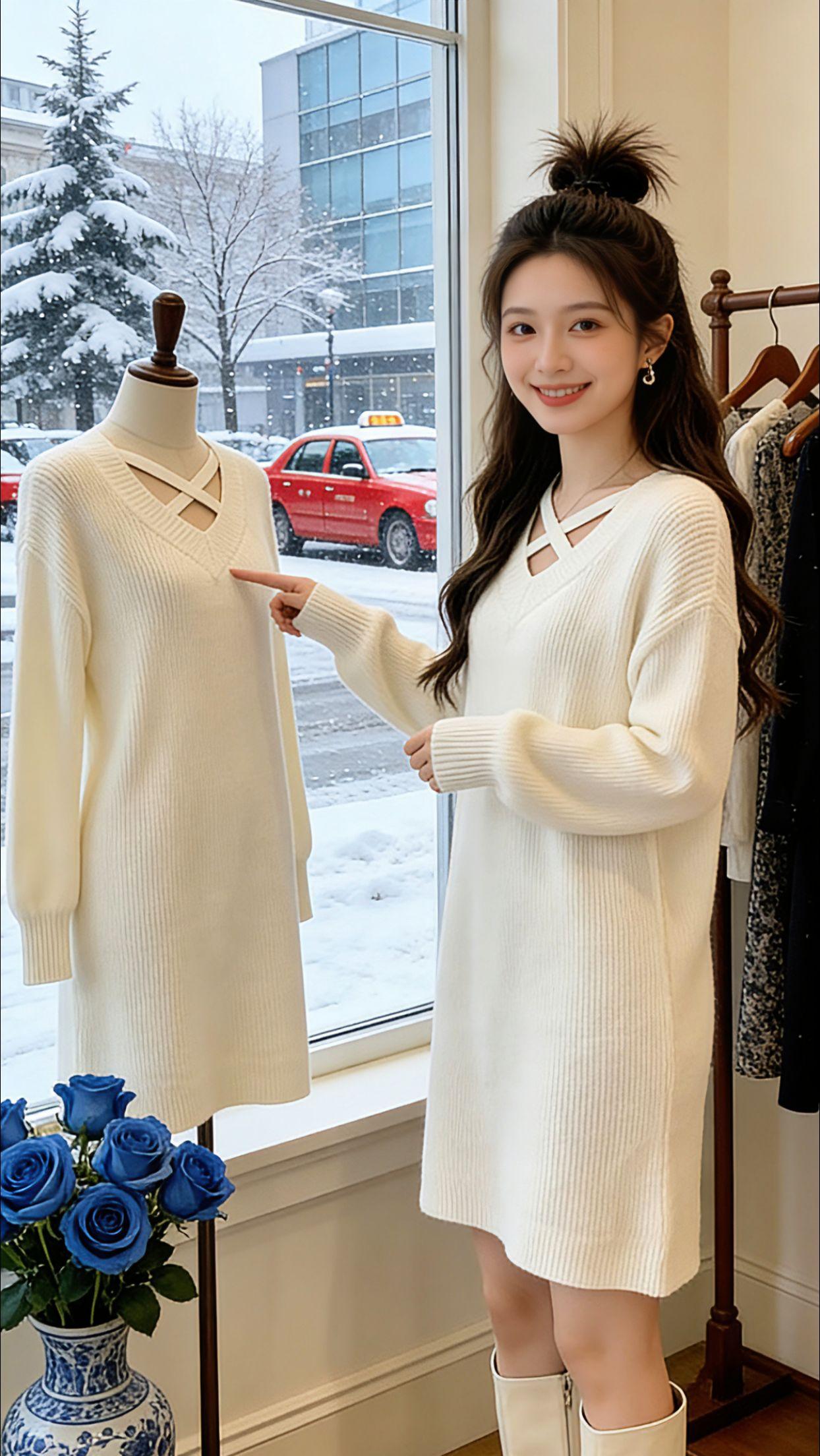 降温后被这件白色针织裙狠狠拿捏！Danny上身的2026新款毛衣裙，V领交叉设计