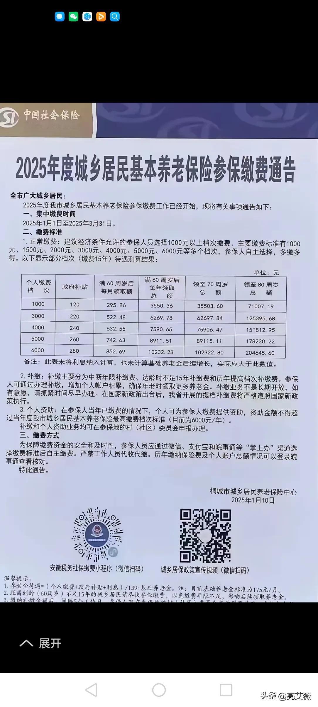 在安徽省交不同档次的城乡居民养老保险能拿多少钱？

每年交1000，缴费15年，