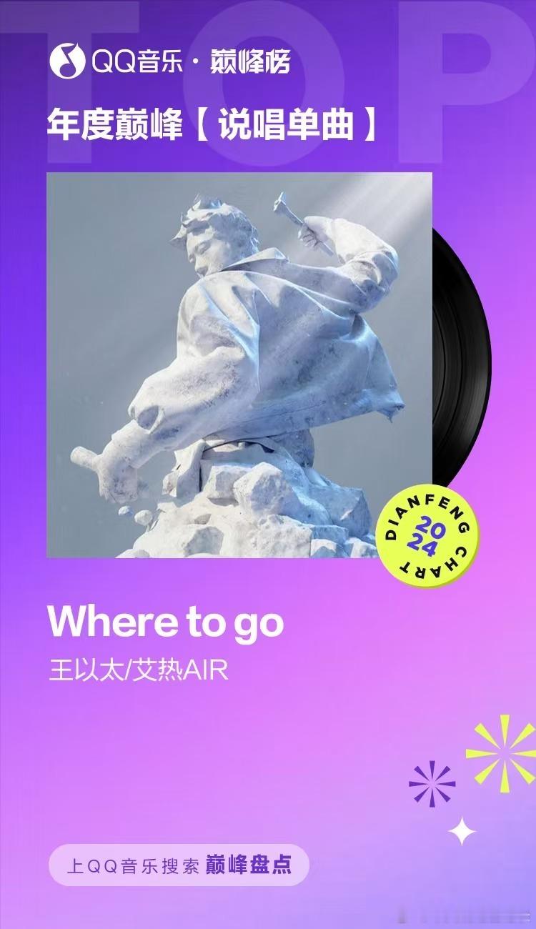 王以太与艾热合作的《Where to go》获得了2024QQ音乐巅峰榜的“年度
