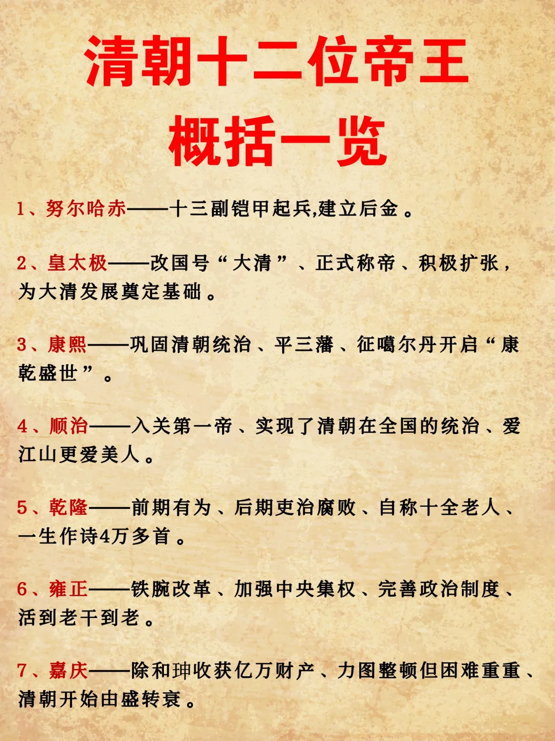 清朝十二位帝王概括一览！谁位居高位呢？