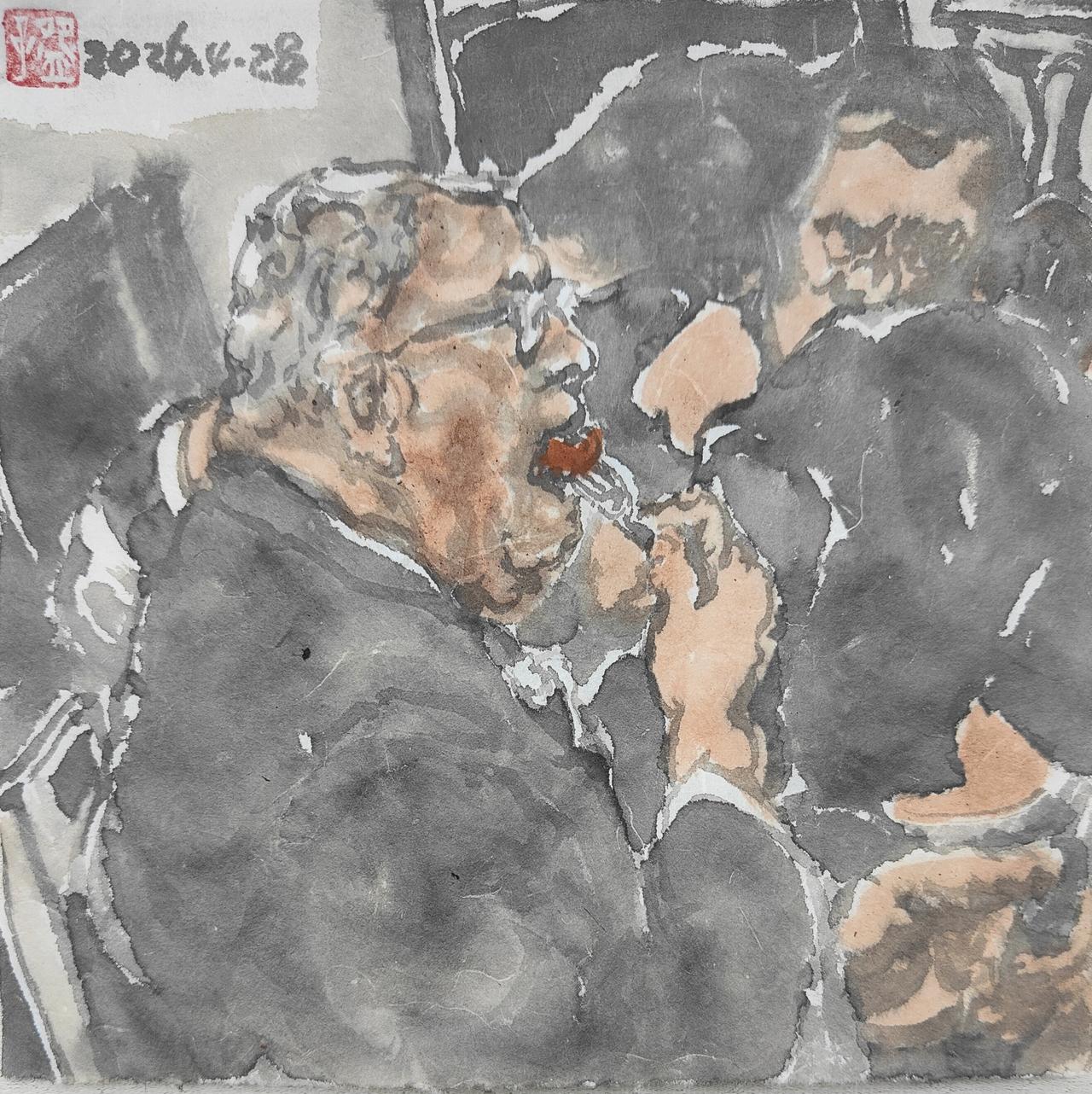 碗子的纸片水墨《白宫记者协会晚宴枪声系列之枪响后依旧淡定用餐的好莱坞经纪大佬格兰