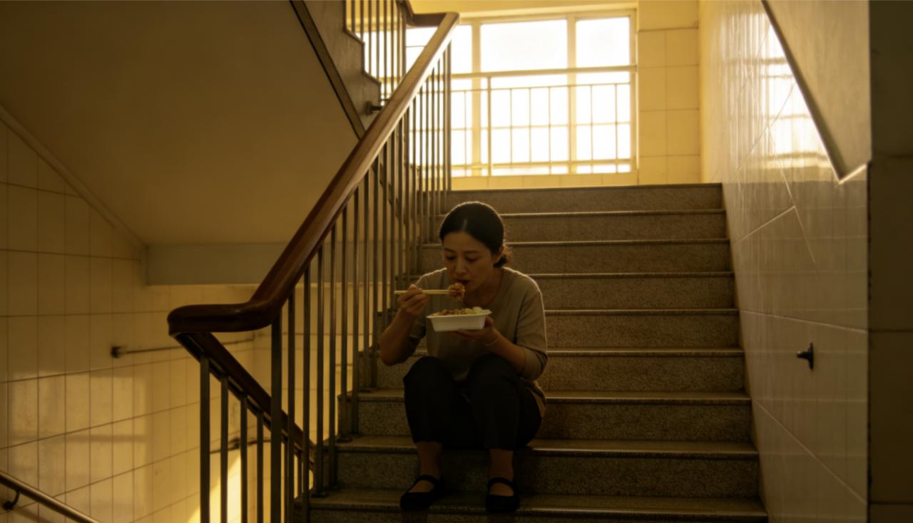 林姐在这栋写字楼做了六年保洁。每天傍晚五点半，她准时出现在货梯旁边的楼梯间，坐在