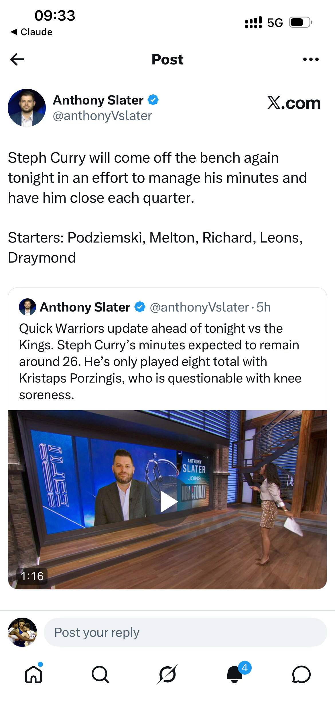 库里今天依旧替补出场 