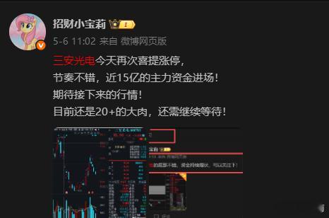 三安光电目前有到顶的感觉，近期要重点关注下，现在宝已经拿下39个点大肉，吃肉节奏