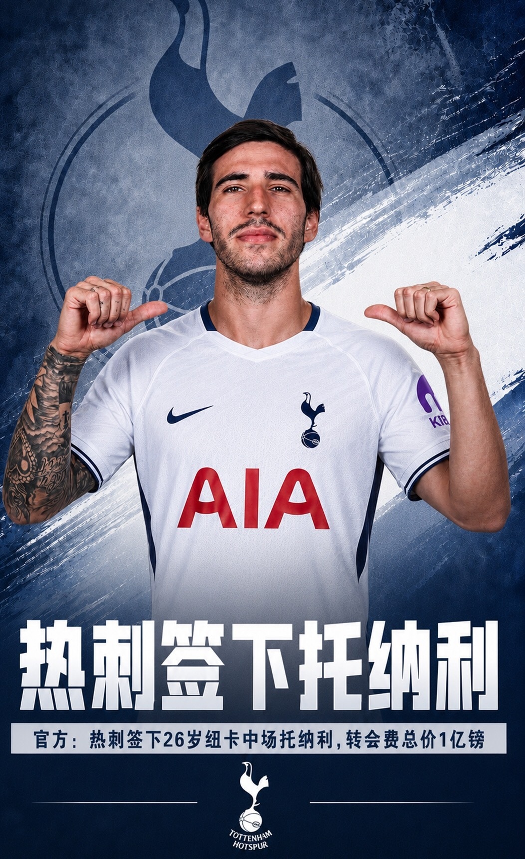 7月06日讯 官方消息，热刺签下26岁纽卡中场托纳利。此前据罗马诺消息，托纳利的