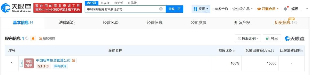 中国烟草成立采购服务公司注册资本1.5亿
天眼查App显示，近日，中烟采购服务有