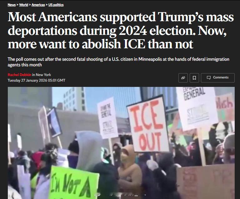 YouGov 最新民调显示，近期ICE的两次谋杀事件严重影响了其声誉，目前已有4