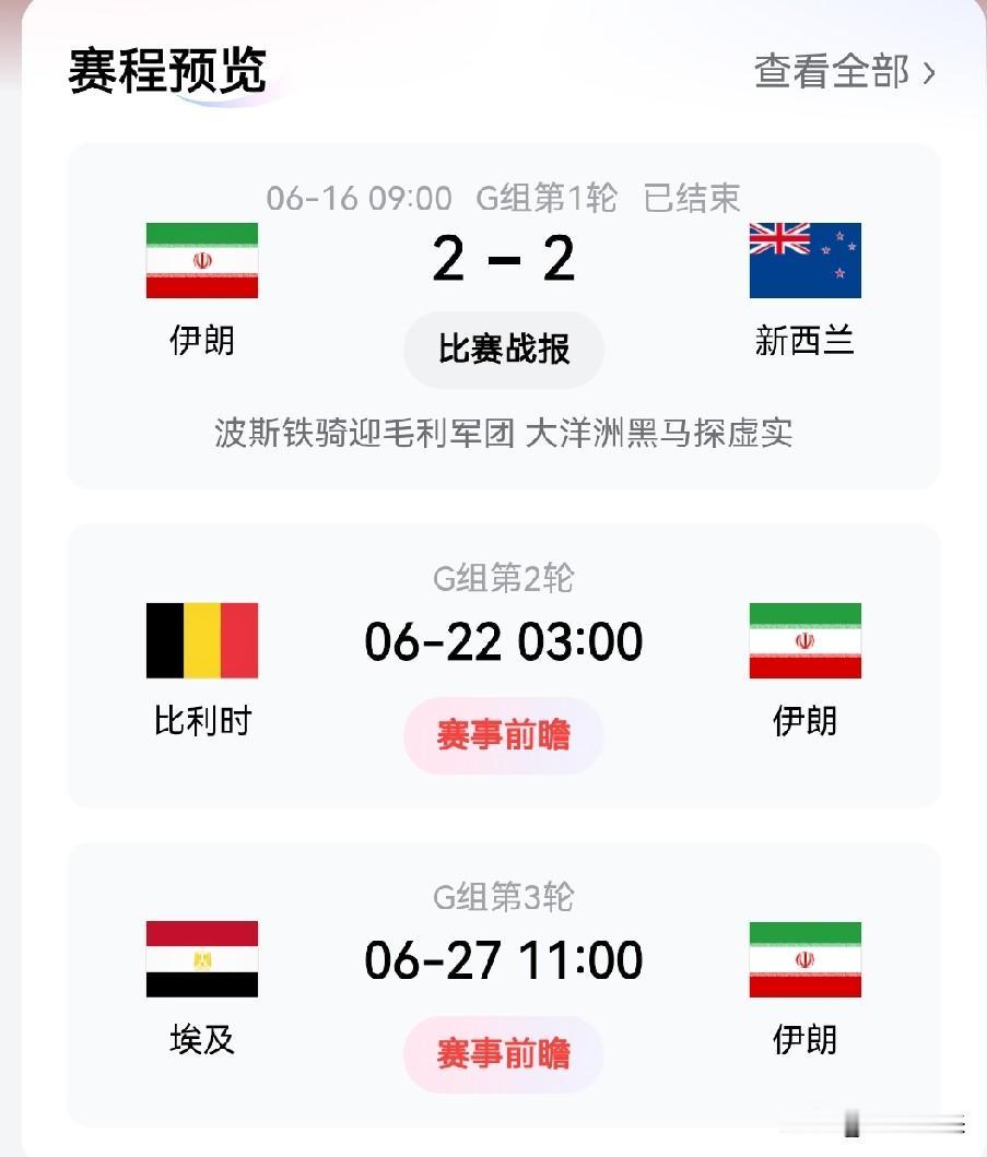 美加墨世界杯，伊朗足球队2-2战平新西兰

接下来对阵比利时（洛杉矶场地）和埃及