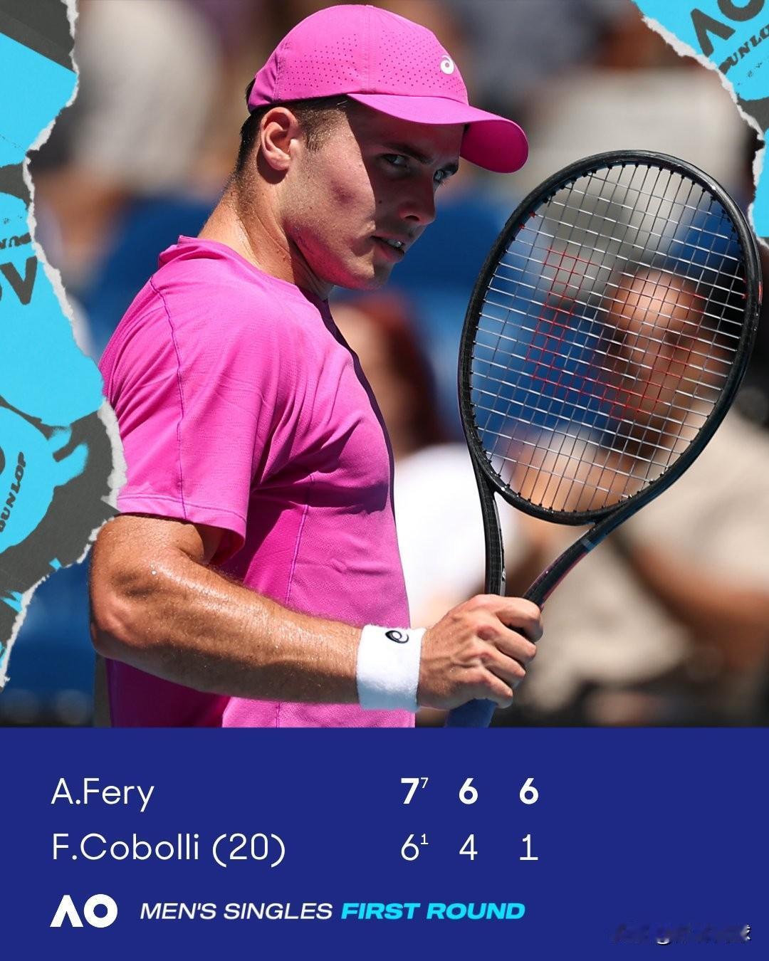 澳网男单首日比赛诞生第一个冷门
排名185位🇬🇧费里76，64，61横扫20