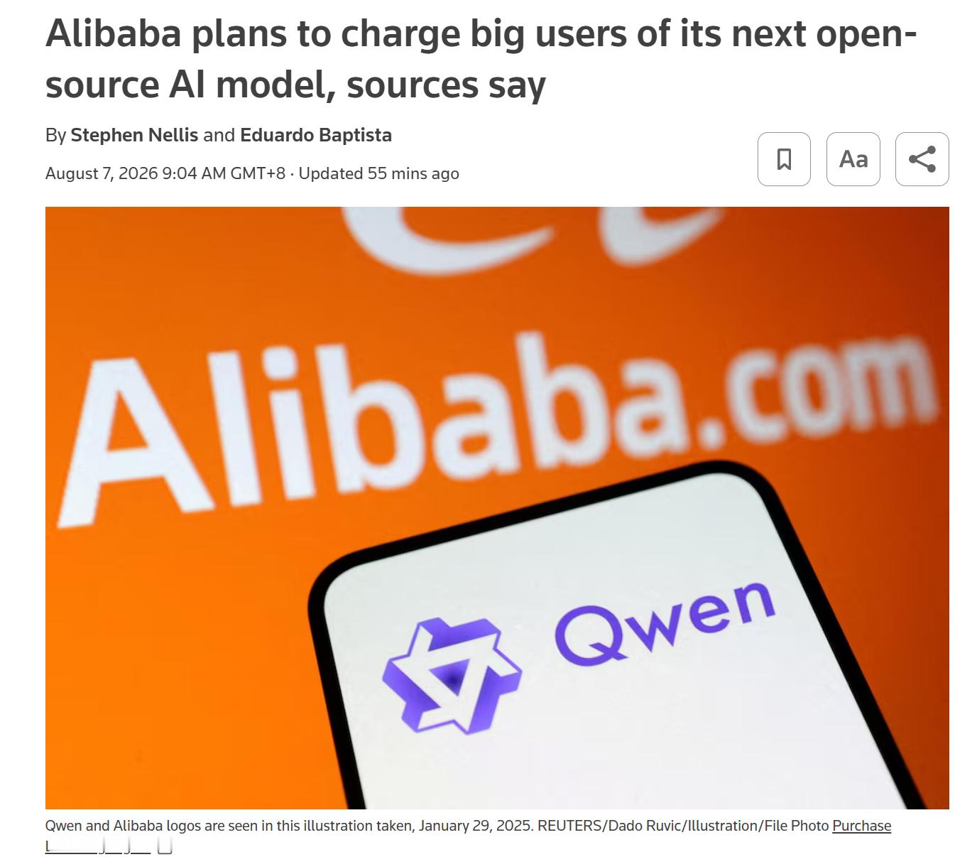 路透社称，阿里计划向其下一代千问开源模型的主要商业用户收取收入分成。这点似乎是参