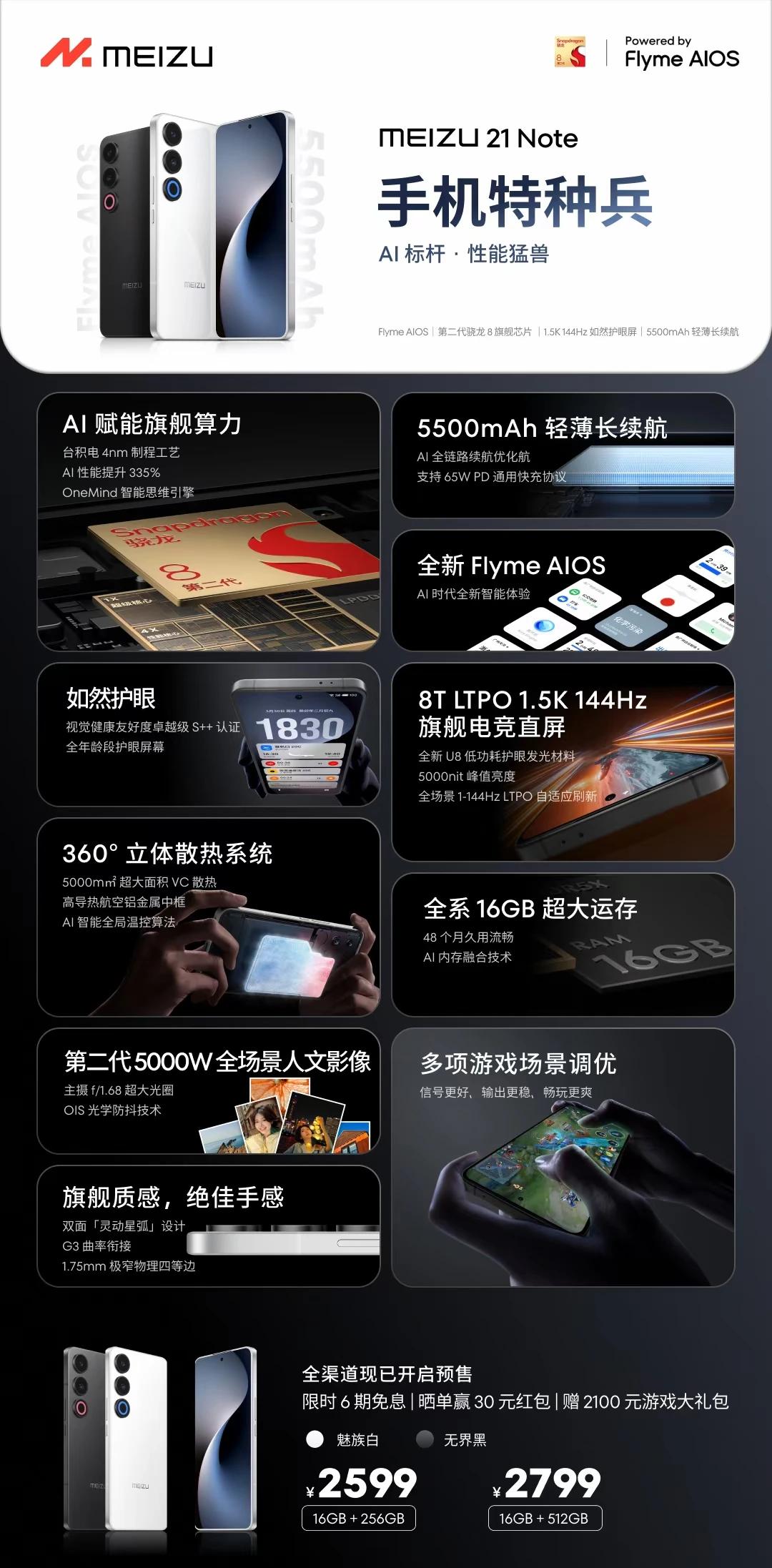 魅族21Note发布，骁龙8Gen2，5500毫安时电池，2599元起，144H