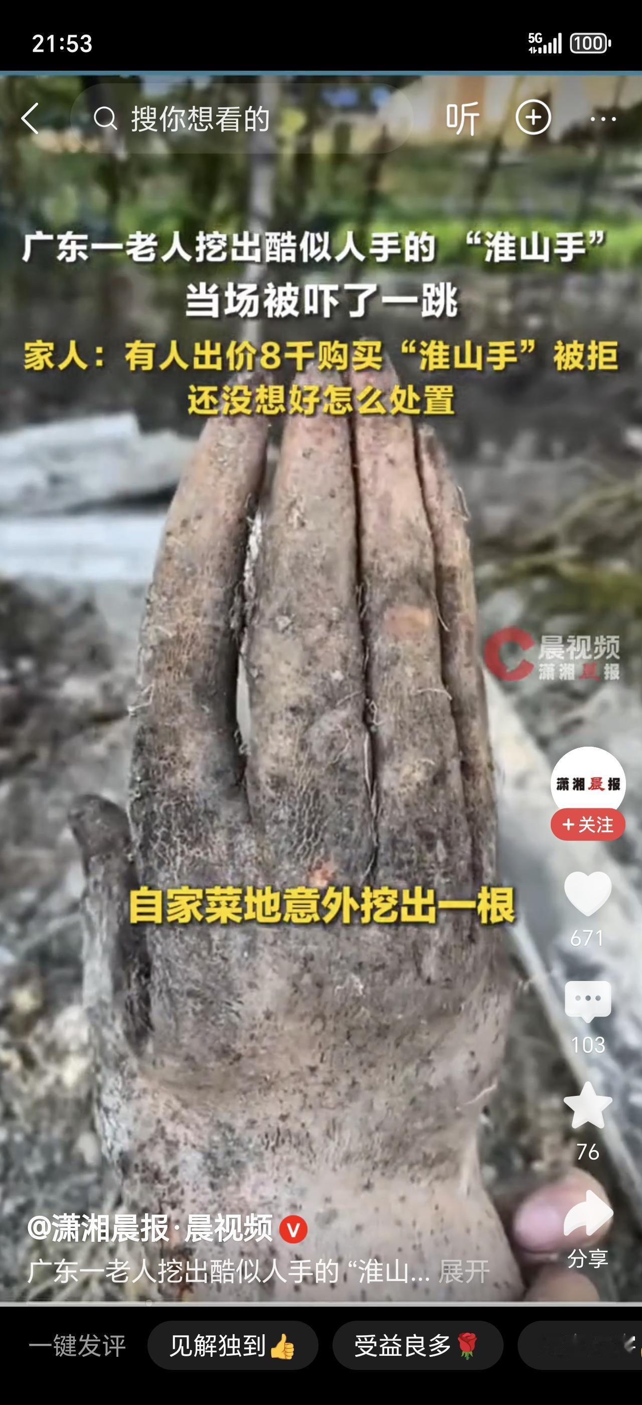 广东揭阳一位老人在自家菜地挖出一根“怪物”，当场吓懵了！这东西正面看“手指”根根