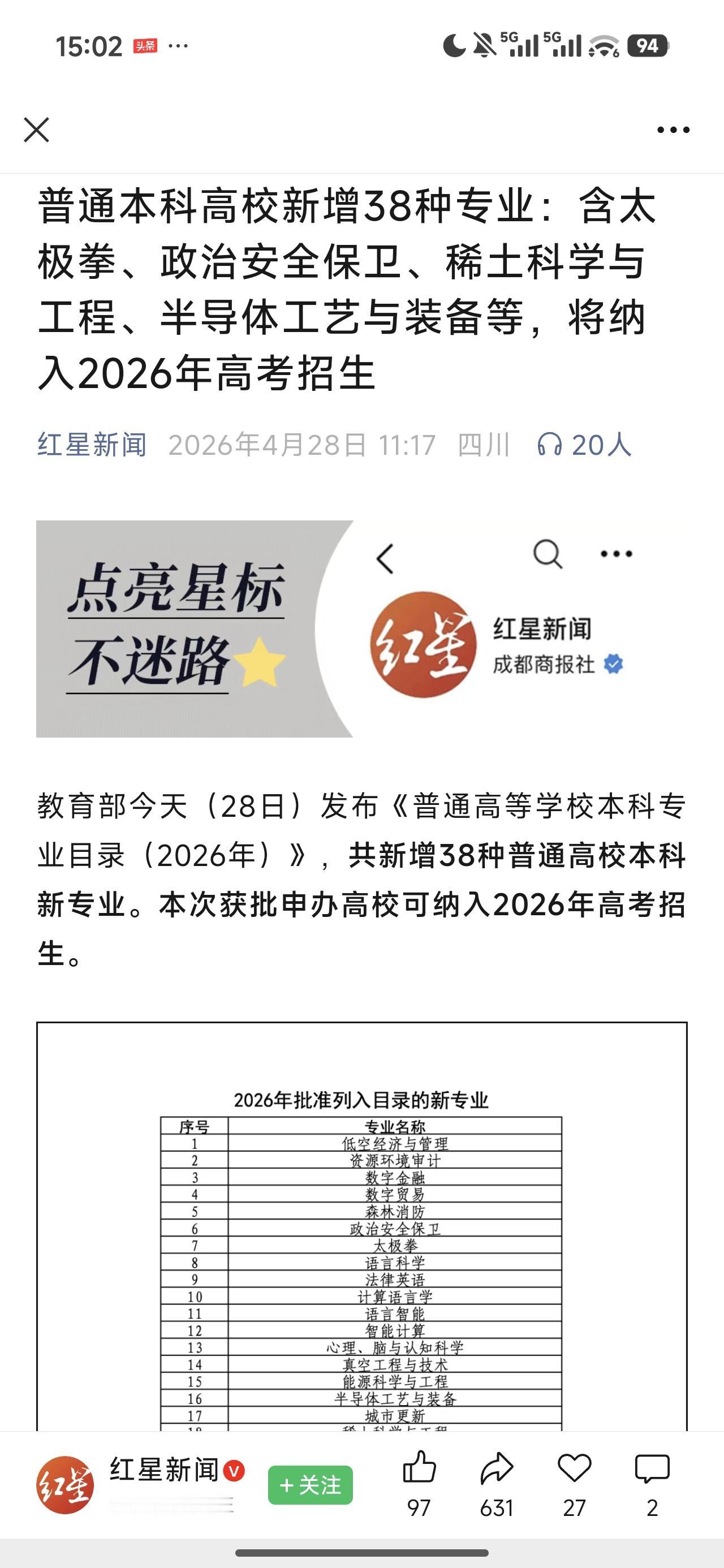 4月28日，教育部公布的《普通高等学校本科专业目录》中，新增了38种新专业。社会