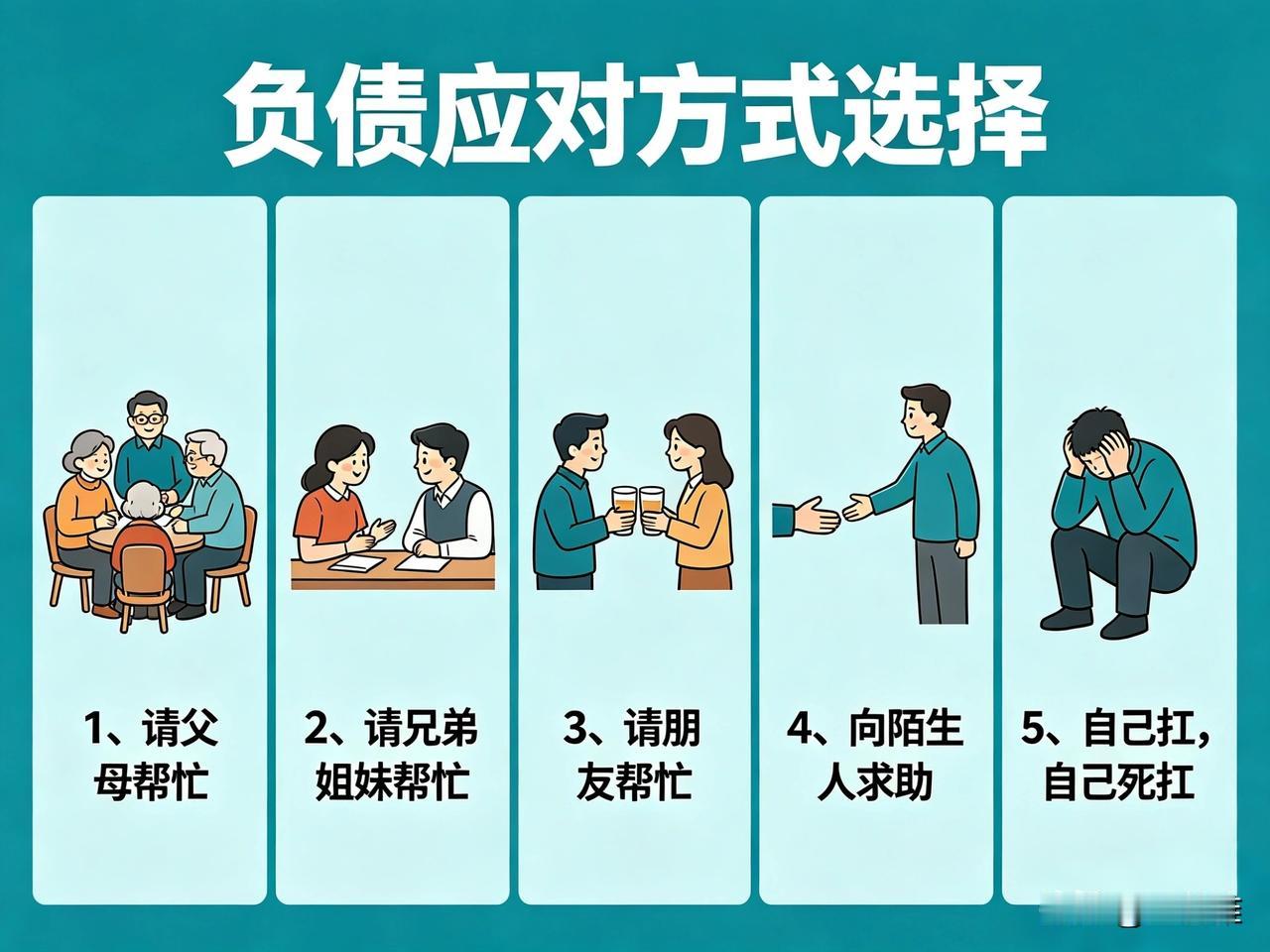 如果你负债了，你会选择怎么办？

1、请父母帮忙。

2、请兄弟姐妹帮忙。

3