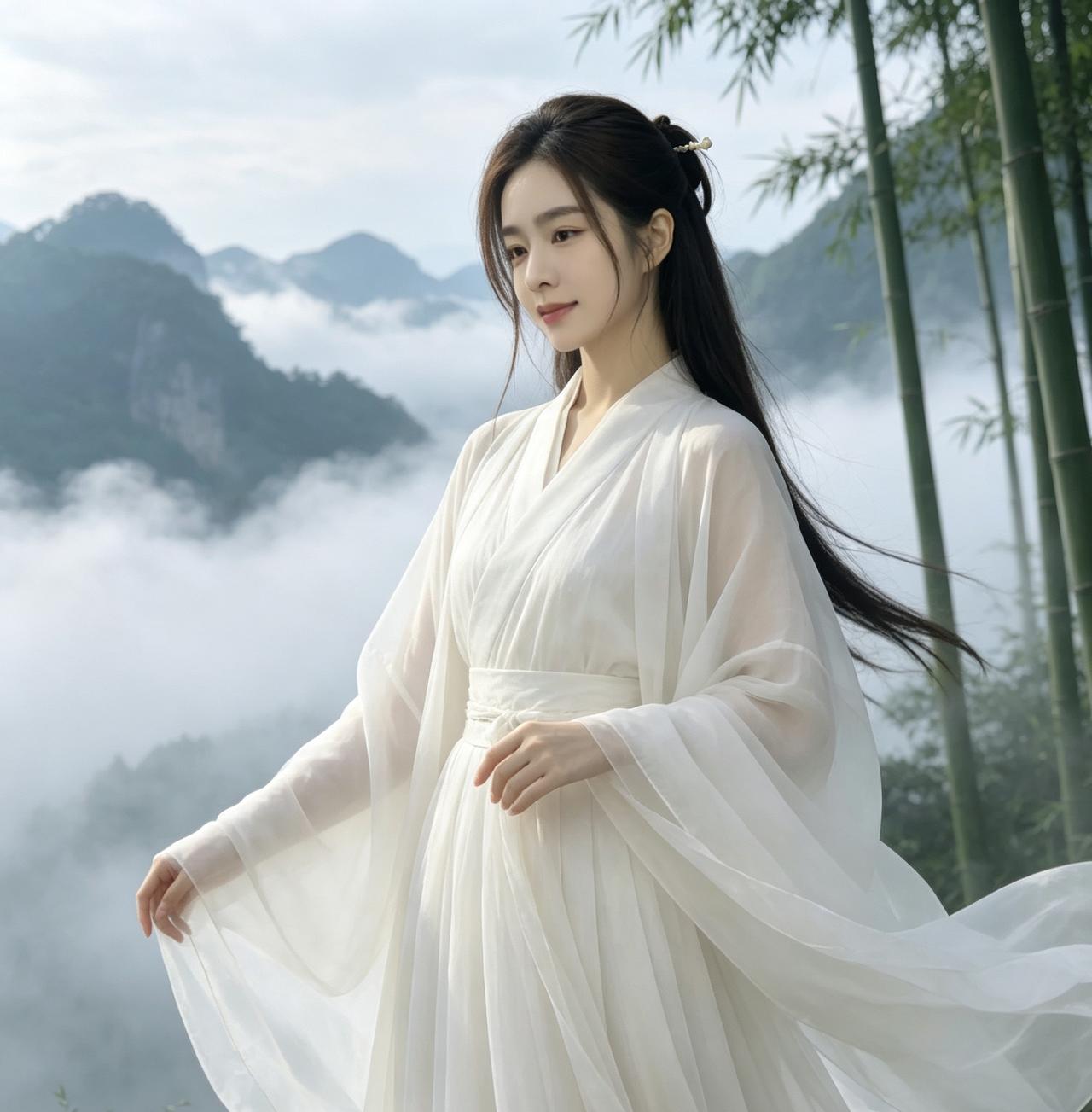 山风裹着竹香漫过来时，她的衣袂被风轻轻扬起，像一片刚落进人间的云。她抬手，接住一