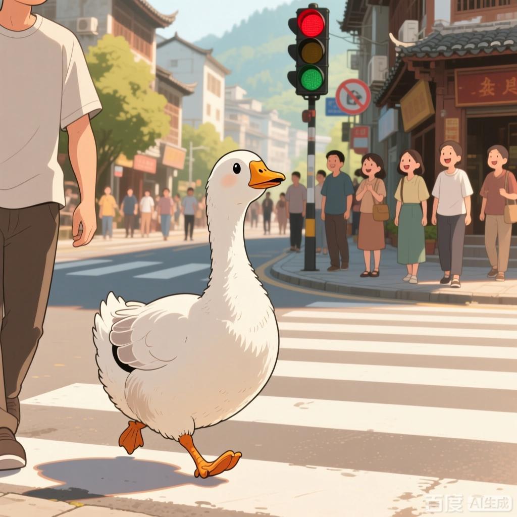 近日，贵州凯里一只会拉车、会看红绿灯过马路的大白鹅火了。它紧跟主人快步穿过斑马线