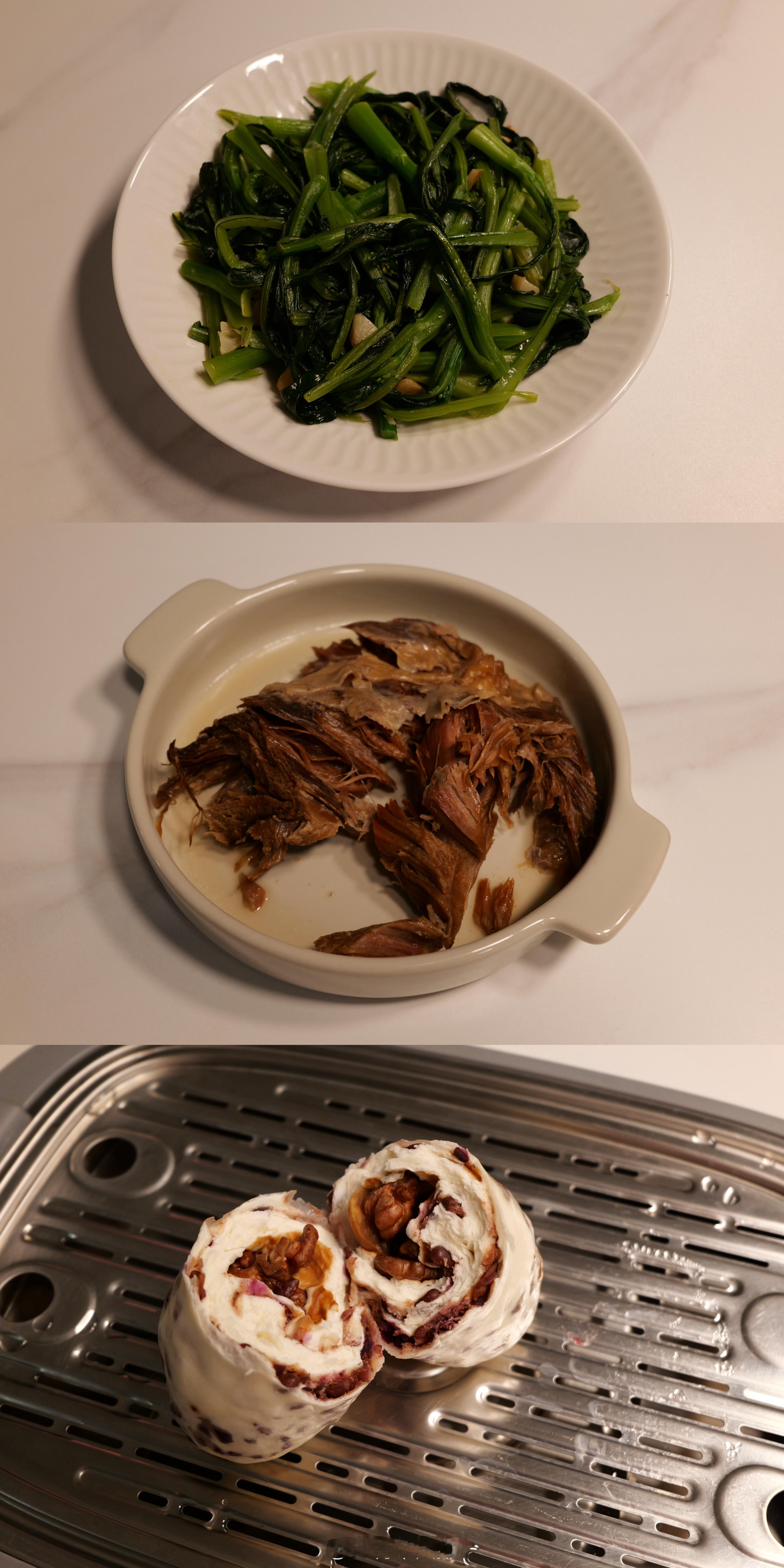今晚吃：一点点猪油炒菜心，内蒙古风干羊，贝勒红豆卷喝了一大碗真的是一大碗冰镇麦果