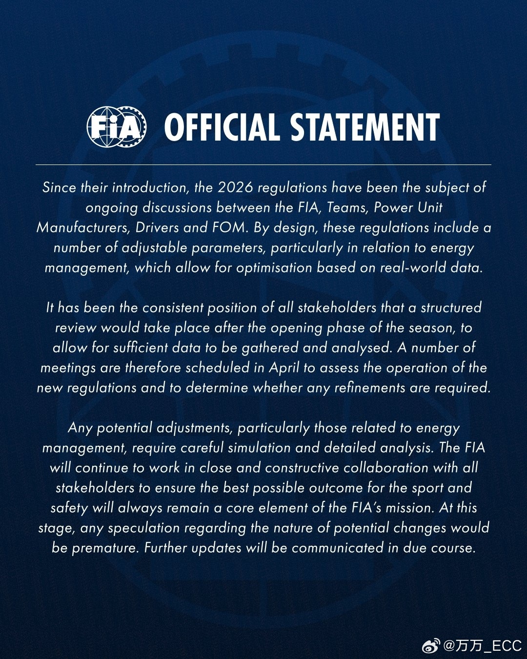 FIA 发布官方声明，承认26年新规引发了众多争议，关于能量管理这块 4 月份开