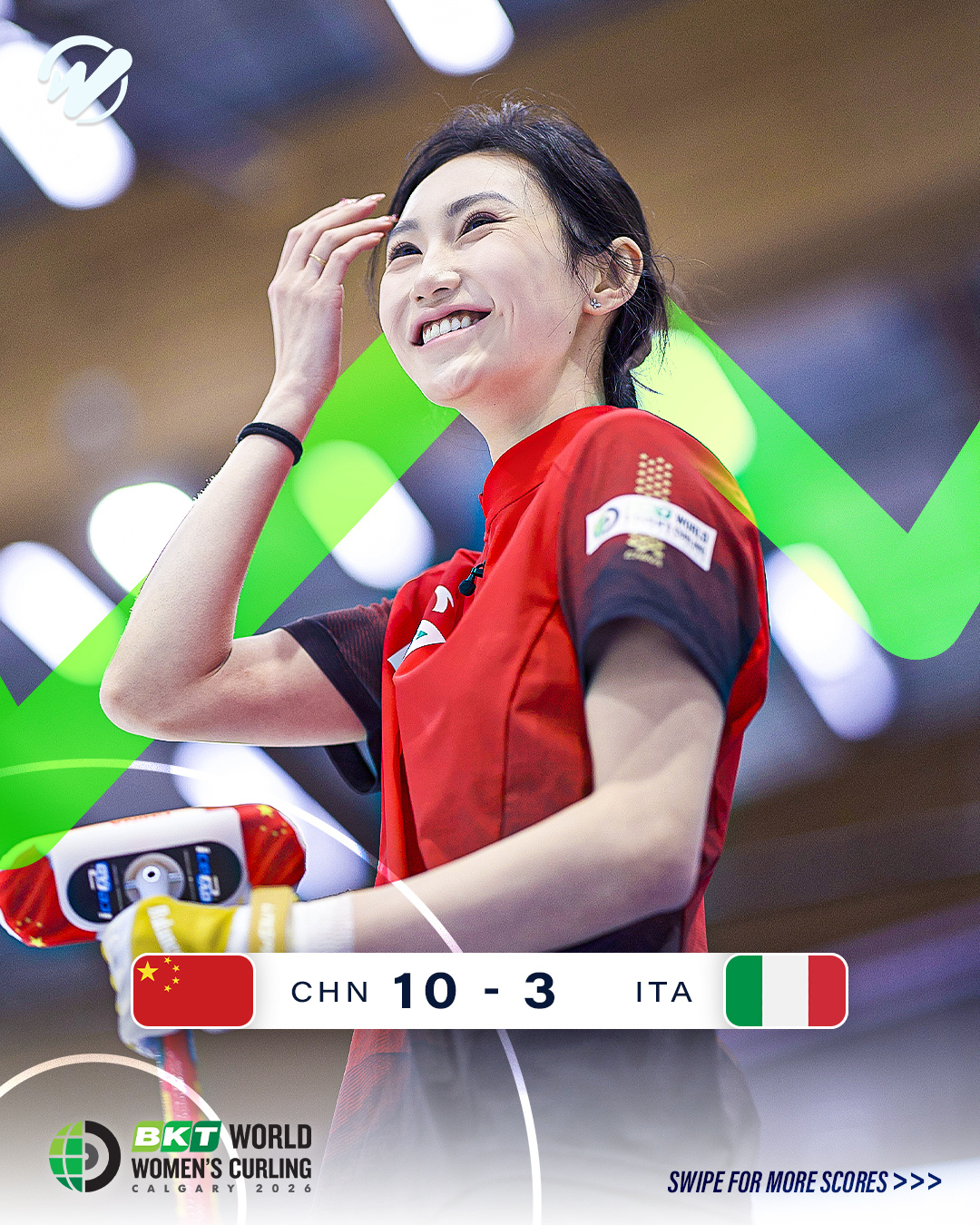 #中国冰壶女队10比3意大利# 女子冰壶世锦赛循环赛，中国队10-3战胜意大利，